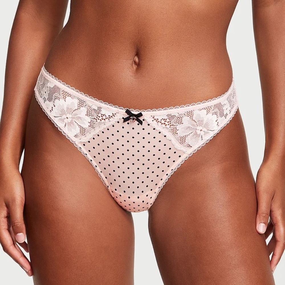 Victoria's Secret Body By Victoria Lace Black Thong Panty Pink Dots Large NEW - Picture 2 of 6